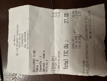 Reseña del consumidor - Seguridad alimentaria Au métro, Rue Raymond Losserand, Paris, France We had drinks and my spouse, who had food poisoning t... foto #1