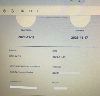 Verbrauchersicherheitsbericht ACQRA*topmallsales Ordered on 11/15/23 - item was never received 
Order #ZB231115044139**** accordi... Foto #2