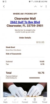 Reseña del consumidor - Seguridad alimentaria Chipotle Mexican Grill, Gulf to Bay Boulevard, Clearwater, FL, USA My brother got it for his daughte... foto #2