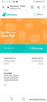 Avis du consommateur - Sécurité alimentaire Taco Bell, St Mary's Street, Cardiff, UK I ordered a takeaway which came cold and have been puking u... photo #2