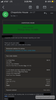 Consumer Review - Food Safety Chopsticks House, 86 Society Street, Charleston, SC, USA Chicken fried rice A few hours after eating... photo #2