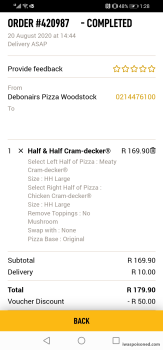 Consumer Review - Food Safety Debonairs Pizza, Victoria Road, Woodstock, Cape Town, South Africa Half and half cram decker pizza A... photo #1