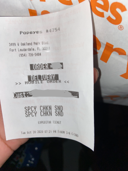 Consumer Review - Food Safety Spicy chicken sandwich, Popeyes Louisiana Kitchen, 3499 West Oakland Park Boulevard, Lauderdale Lake... photo #4