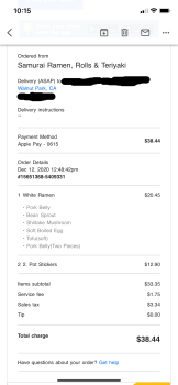 Avis du consommateur - Sécurité alimentaire Samurai Ramen Teri & Roll, South Soto Street, Los Angeles, CA, USA Beside the food being expensive I... photo #2