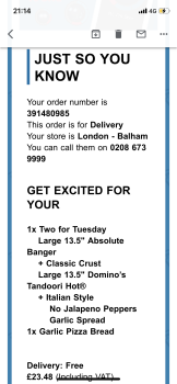 Avis du consommateur - Sécurité alimentaire Domino's Pizza - London - Balham, Balham High Road, London, UK Ordered Two for Tuesday - the pizzas... photo #1