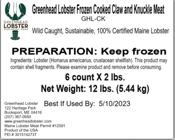 Food Recall Greenhead Frozen cooked lobster meat - recalled due to potential Listeria Greenhead Lobster Products... Foto #1