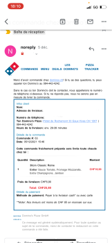 Avis du consommateur - Sécurité alimentaire Domino's Pizza, Av. Pictet-de-Rochemont 33, 1207 Genève, Switzerland J’ai commandé au sol hier soir... photo #1
