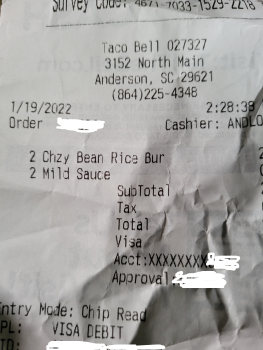 Consumer Review - Food Safety Taco Bell, North Main Street, Anderson, SC, USA I got a free taco from the app and order 2 burritos... photo #2