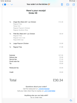 Consumer Review - Food Safety KFC Bexley Heath, Broadway, Bexleyheath, UK This evening we used Deliveroo to pick up this takeaway.... photo #1