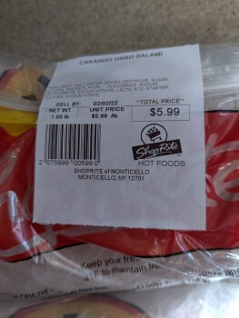 Consumer Review - Food Safety ShopRite of Monticello, 46 Thompson Square, Monticello, NY 12701, USA 2/4/2022,  Carrando Hard salam... photo #5