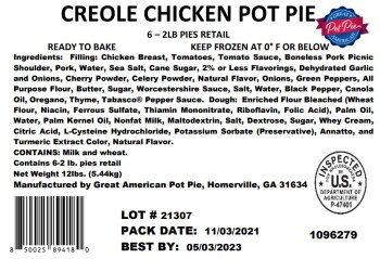 نذكر الطعام GREAT AMERICAN Creole Style Chicken Pot Pie - recalled due to undeclared soy The FSIS announced the... صورة فوتوغرافية #3