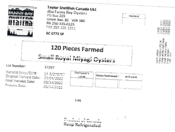 Reclame de Alimentos Taylor Shellfish Canada ULC Oysters - recalled due to norovirus Taylor Shellfish Canada ULC dba Fann... foto #1