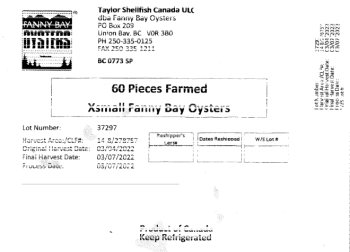 Reclame de Alimentos Taylor Shellfish Canada ULC Oysters - recalled due to norovirus Taylor Shellfish Canada ULC dba Fann... foto #2