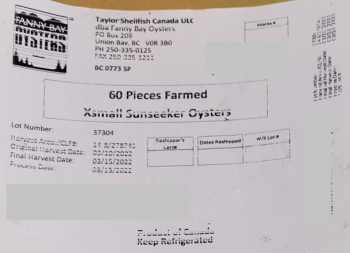 Reclame de Alimentos Taylor Shellfish Canada ULC Oysters - recalled due to norovirus Taylor Shellfish Canada ULC dba Fann... foto #3