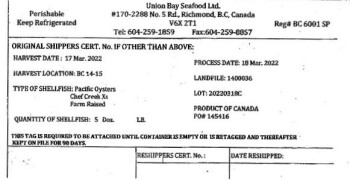 Food Recall Certain Union Bay Seafood Ltd. Pacific Oysters - recalled due to norovirus Union Bay Seafood Ltd. is... photo #1