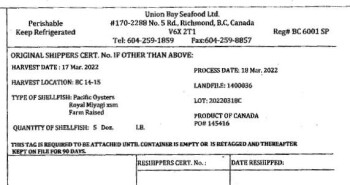 Food Recall Certain Union Bay Seafood Ltd. Pacific Oysters - recalled due to norovirus Union Bay Seafood Ltd. is... photo #2