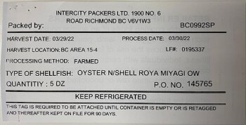 نذكر الطعام Intercity Packers Ltd. Oyster N/Shell Royal Miyagi Ow - recalled due to Norovirus Intercity Packers... صورة فوتوغرافية #2