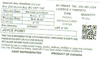 نذكر الطعام Pacific Oysters - recalled due to norovirus Sawmill Bay Shellfish Co. Ltd. is recalling certain Paci... صورة فوتوغرافية #1