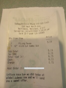 Avis du consommateur - Sécurité alimentaire Subway, West North Avenue, Baltimore, MD, USA Today, I've eaten cold cut combo for over 15 years, an... photo #3