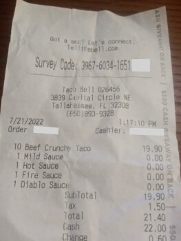 Consumer Review - Food Safety Taco Bell, Capital Circle Northeast, Tallahassee, FL, USA On 7/21/2022 at 1:17 PM I ordered 10 crunc... photo #2