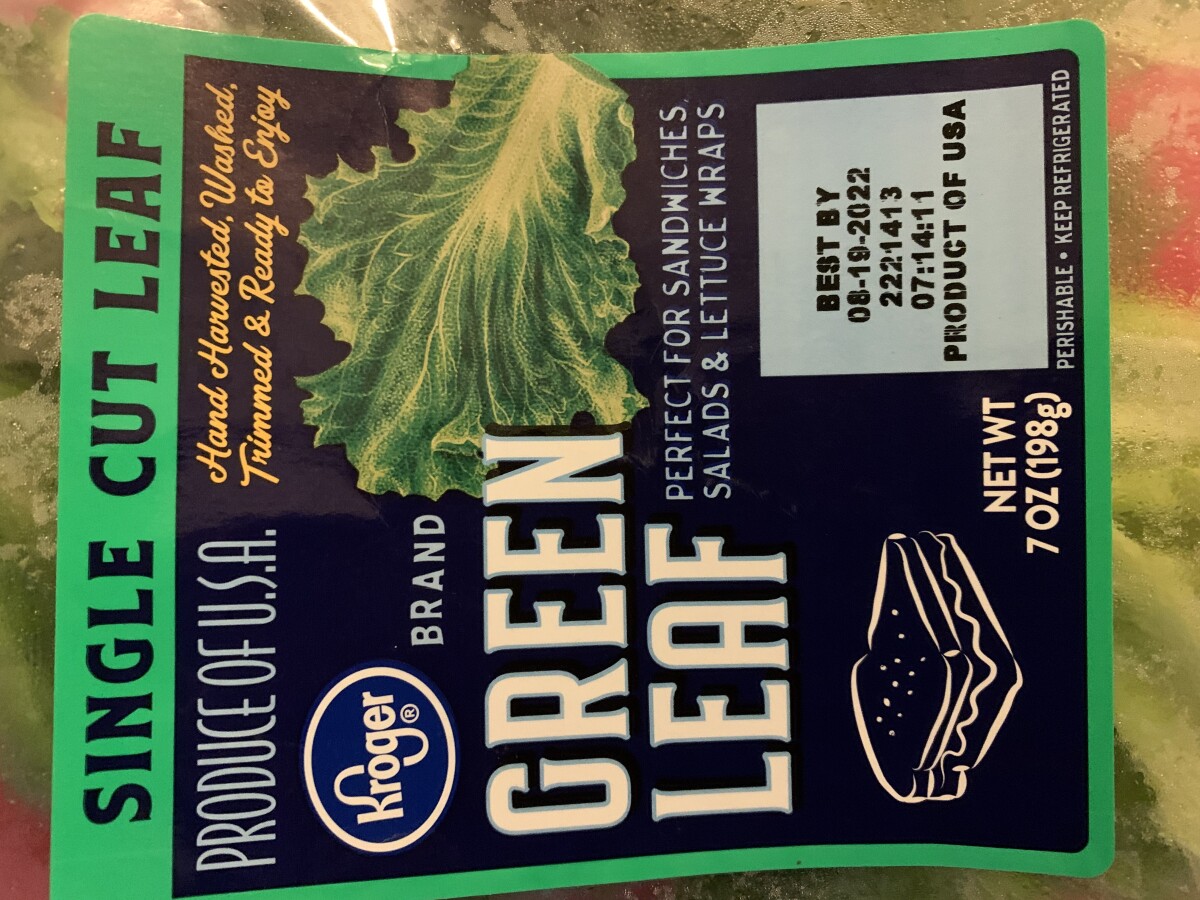 Food Safety Report Kroger lettuce Green Leaf hand washed, trimmed & ready to eat, Smith's Food