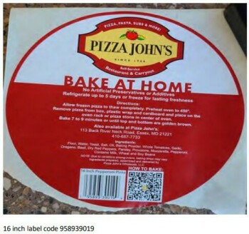 Food Recall Pizza John’s bake at home Pepperoni Pizza - recalled due to production without benefit of Inspection... photo #1