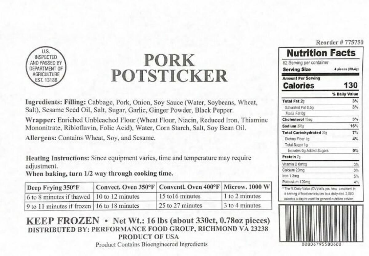 ASIAN PRIDE Chicken and Pork Potstickers recalled due to production