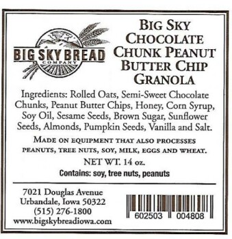 Food Recall Big Sky Bread Company Chocolate Chunk Granola & Peanut Butter Chip Granola - recalled due to allerge... photo #2