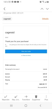 消费者安全报告 Cageraid Arnaque Achat en ligne avec Cageraid.com Achat d’une souffleuse à neige à batterie sur Face... 照片 #2