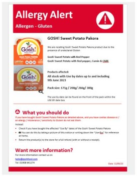 Retiro de alimentos Gosh! Food Ltd Sweet Potato Pakora and Falafel products - recalled due to allergens Gosh! Food Ltd i... foto #1