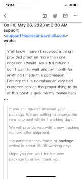 Consumer Safety Report a scam: Apresundaymall.com I made a purchase in Febuary they send me a tracking number that tracked... photo #2