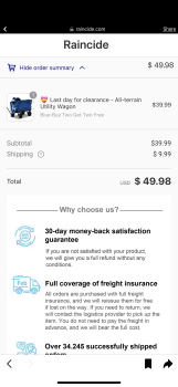 Consumer Safety Report SCAM ALERT Raincide website Ordered a wagon and received a blue sweat soaker.   Absolutely ridiculou... photo #1