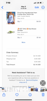 Informe de seguridad del consumidor I never recived my order I ordered on may 30th a swimsuit ,shirts and sandals and NEVER received the... foto #1