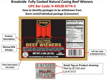 Rappel d'aliments Brookside Fully Cooked Beef Wiener products recalled due to undeclared allergen The FSIS announced t... photo #1